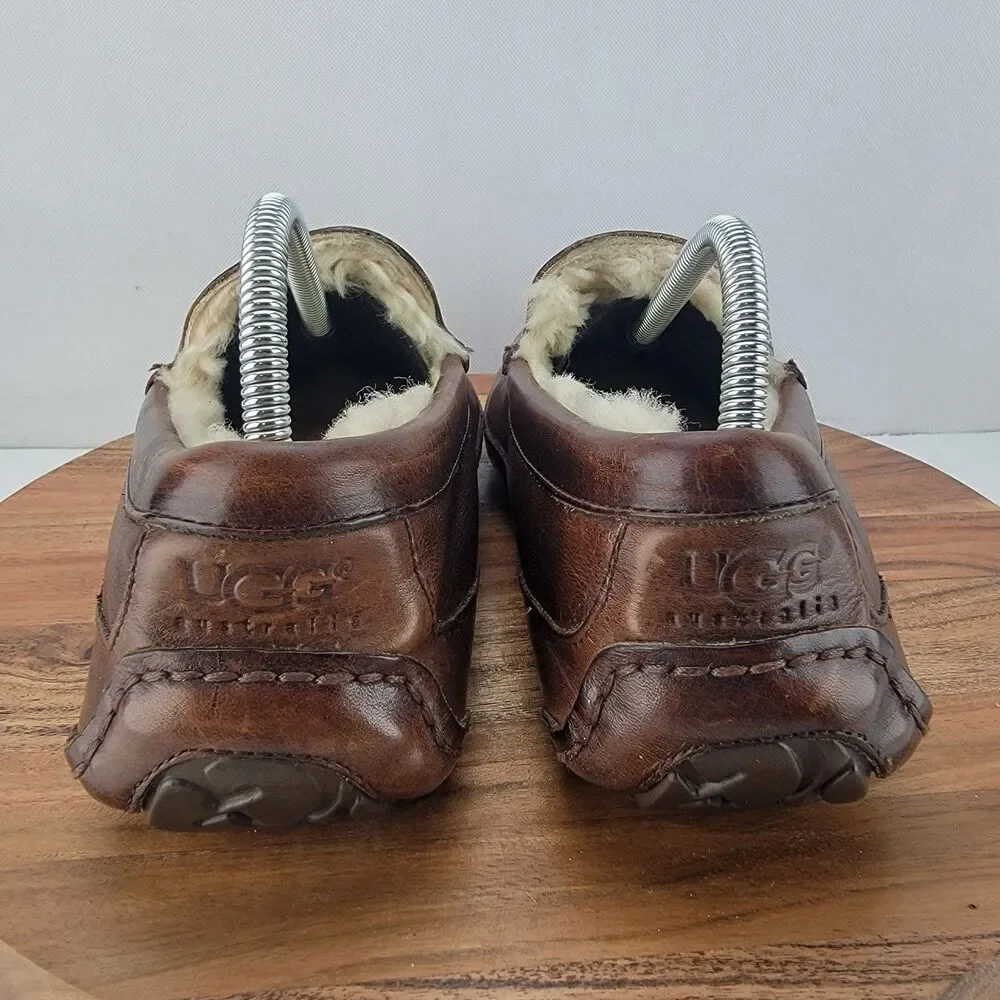 UGG Mens Size 8 Ascot Brown Leather Sheepskin Lined Loafers Slippers 5379